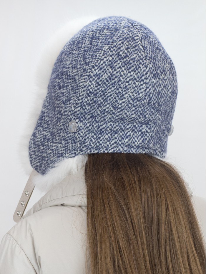 Комбинированная ушанка с искусственным мехом и регулировкой размера цвета джинсовый-молочный З-843М